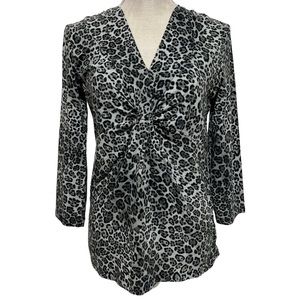 JONES NEW YORK SIGNATURE V-Neck Top Women Size Medium Black Gray Animal Print